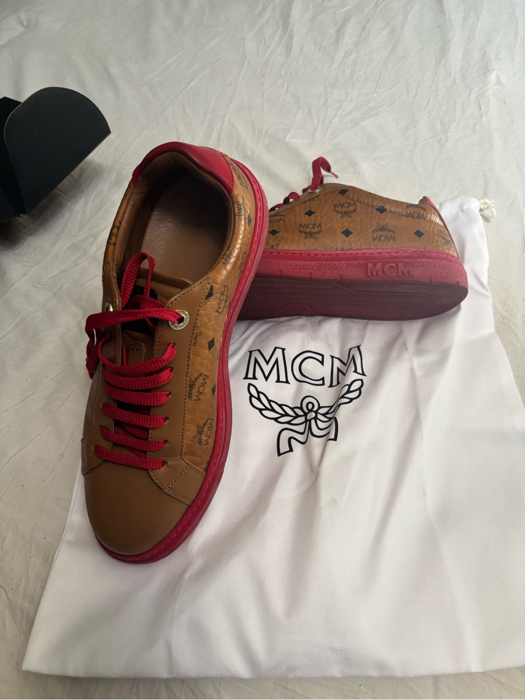 Mcm Cognac Monogram Sneakers With Red Accents